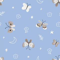 Vector night butterfly seamless pattern. Butterflies, doodle flowers and stars on light blue background. Stylish kids fabric design or nursery wallpaper.