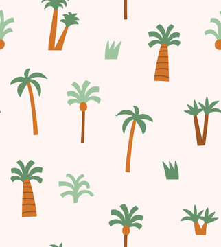 Fototapeta Vector palm tree seamless pattern. Desert repeated fabric design. Palm trees on light beige background.