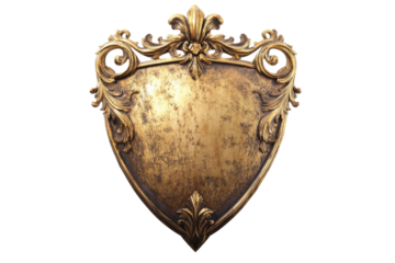 Ornate golden shield emblem with fleur de lis isolated on transparent background. Golden metal shield isolated on white background.