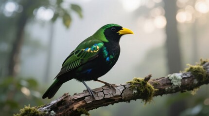 A vibrant green bird perched on a moss-covered branch in a misty forest setting, showcasing its striking plumage and yellow beak