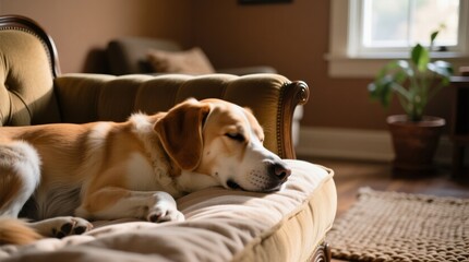 A relaxed dog lounges on an armchair in a warm, inviting living room