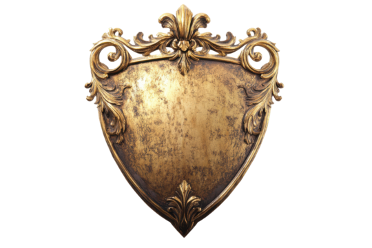 Ornate golden shield emblem with fleur de lis isolated on transparent background. Golden metal shield isolated on white background.