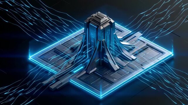 Futuristic Server Tower in Neon Blue Lighting on Dark Background with Abstract Circuit Board Texture for Technology