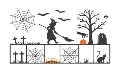 Halloween Black Silhouette Icon Set Panel Minimal Flat Vector illustration on White, easily editable.