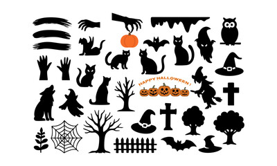 Naklejka premium Mixed Halloween Icons – Witch Bat Ghost Pumpkin Web – Black Silhouette Vector Set on White, Halloween elements, easily editable.