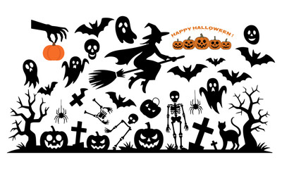 Fototapeta premium Spiders & Cobweb Corners – Halloween Black Silhouette Icon Panel, Clean Vector on White, Halloween elements, easily editable