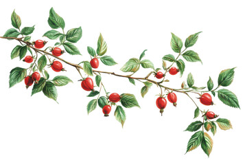 Rosehip branch with red berries and green leaves isolated on transparent background. Branch of red rose hips with green leaves isolated on white background.