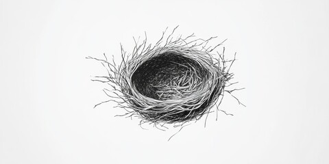 A minimalistic view of an empty bird nest on a white background, showcasing intricate twigs and branches. Ideal for themes of nature, simplicity, and organic beauty.