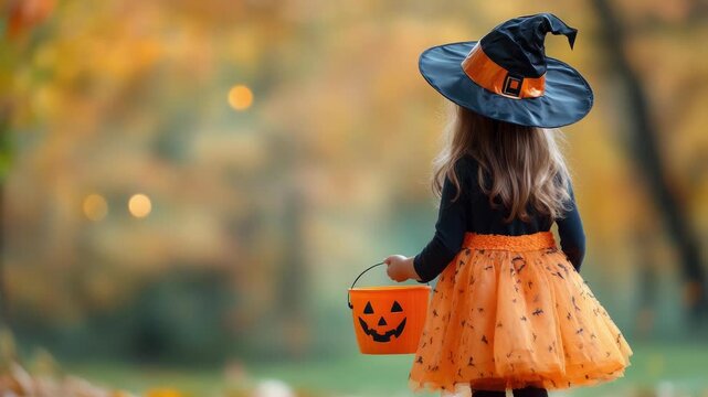 Little girl wearing witch costume with pointed hat and carrying pumpkin bucket walking in autumn park covered with fallen leaves during Halloween celebration. Kids trick or treating.