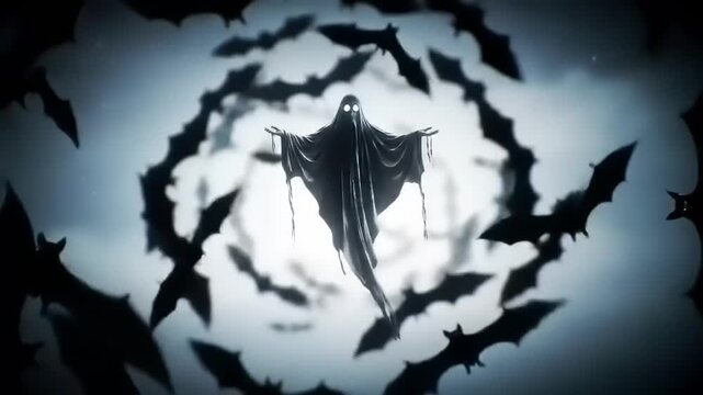 Spooky ghost figure surrounded by bats flying in a dark, swirling sky creates an eerie and mysterious halloween atmosphere.