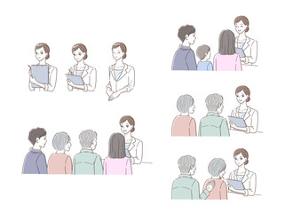 Fototapeta premium 女性医師に相談をする家族のイラストセット