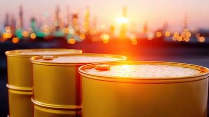 Obraz premium Gold barrels sit in the foreground with an industrial backdrop at sunset