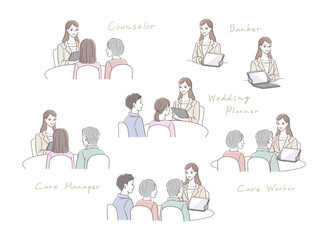 Fototapeta premium スーツを着た女性に相談するシニア夫婦と家族のイラストセット