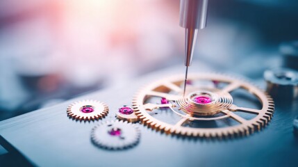 Precision work on watch movement with gears and jewels