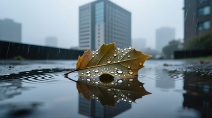 A lone leaf adorned with raindrops rests on a reflective puddle, symbolizing resilience amidst urban tranquility