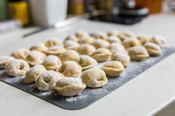 Raw homemade dumplings arranged on a floured board in the kitchen. Traditional cooking process before boiling. Close-up of uncooked pelmeni