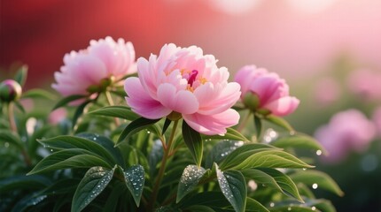 Fototapeta premium Radiant pink peonies glisten with dewdrops, symbolizing freshness and natural beauty