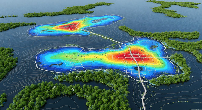 Scientific data visualization of environmental analysis on a digital 3D map of forested islands showing topographical data with a colorful heatmap
