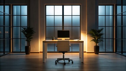 Modern office space with large windows and minimalistic furniture.