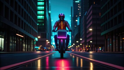 Urban cyclist riding at night with neon lights and tall buildings.