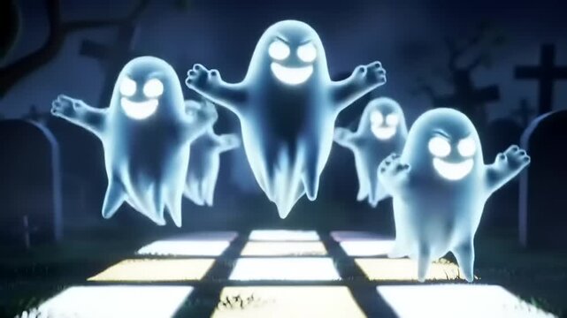 Spooky ghosts floating above gravestones in eerie graveyard at night, creating a chilling Halloween atmosphere.