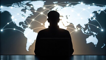 Silhouette of a person with a digital world map in the background.