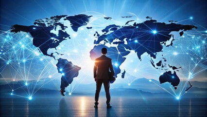 Global connectivity concept with a person analyzing a digital map.