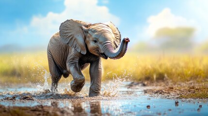Baby elephant is playing in a muddy pond. The elephant is splashing water and he is enjoying itself