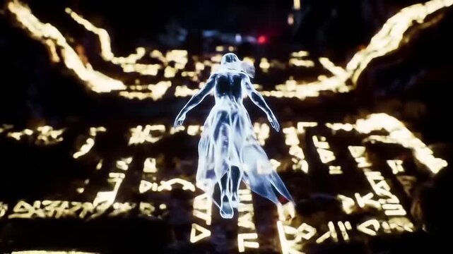 Glowing figure floats above ancient runes in dark temple, creating mystical and ethereal atmosphere, evoking mystery and magic.