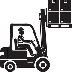 Male Warehouse Worker Silhouettes Operating Forklift with Pallet of Boxes - Vector Art