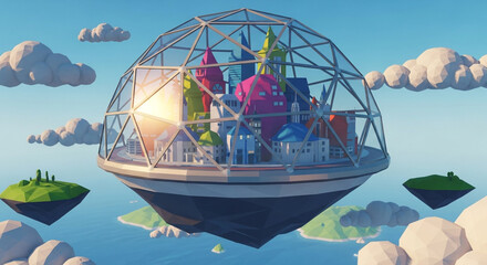 Low poly futuristic city in a dome floating in the sky digital art concept art illustration design