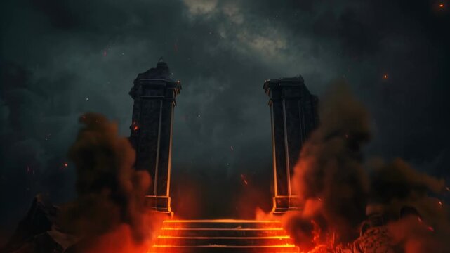 Ancient hell gate with burning flame and dark stairs. Concept of evil, fear and underworld in Christian religion. Horror footage.