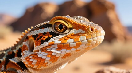 Close-up of a vibrant bearded dragon showcasing its striking scales and intense golden eyes against the backdrop of a desert landscape