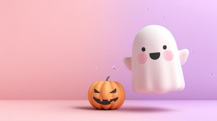 Fototapeta premium Blurred pastel Halloween background, happy white ghost floating near carved pumpkin, playful gentle tone, minimal ad layout with copy space.