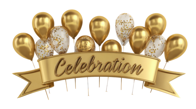 Golden and white balloons with celebration banner festive party decoration luxury event ornament joyful occasion isolated on white background