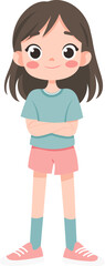 Young girl stands confidently with arms crossed, smiling, dressed isolated on transparent background. Vector illustration.