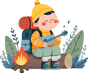 Boy playing ukulele by the campfire during a bright camping trip in nature isolated on transparent background. Vector illustration.