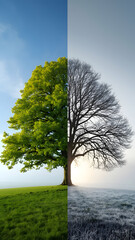 Tree divided showing vibrant summer growth and stark winter bareness