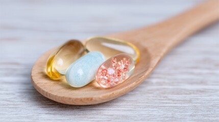 Brightly colored dietary supplements on a wooden spoon on a light surface