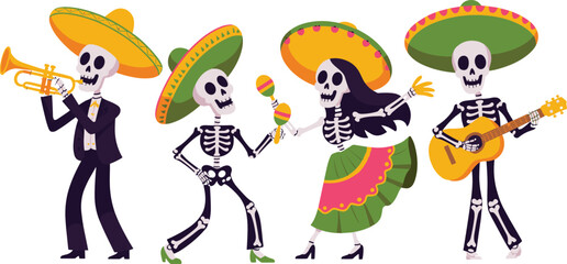 Colorful mariachi skeleton band performing with guitar trumpet and maracas, Day of the Dead celebration illustration, festive Mexican art design