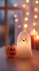 Blurred spooky night background with glowing pumpkin lantern and smiling white ghost, soft orange candlelight, cozy Halloween mood with wide copy space.