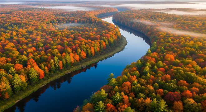 Aerial view of a vibrant river winding through autumn forests. - Powered by Adobe