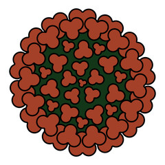 Chikungunya virus. Round red and green togovirus transmitted by the bite of a female mosquito. Color vector illustration. Isolated white background. Medical theme. Idea for web design.