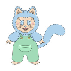 Kitten male with blue fur. Cat in green overalls. Color vector illustration. Isolated white background. Cat with blue eyes, fangs, whiskers and tail in suspender pants with a pocket and buttons.