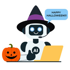 Friendly artificial intelligence robot wearing a witch hat, sitting with a laptop and smiling jack o lantern, giving thumbs up, and saying Happy Halloween. Perfect for Halloween themed tech concepts