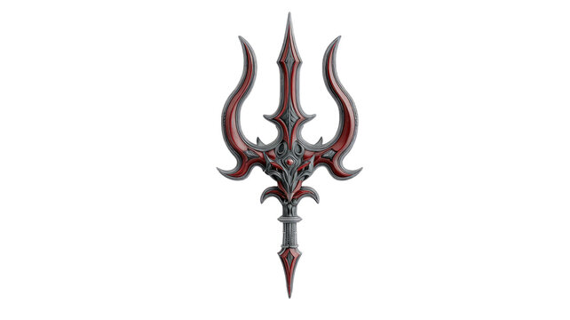 Devil trident red fork weapon fantasy evil prop halloween costume element mythological spear isolated on white background