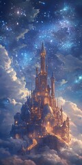 A breathtaking castle radiates light against a star-filled sky, surrounded by ethereal clouds, creating a magical and enchanting atmosphere of wonder and beauty.