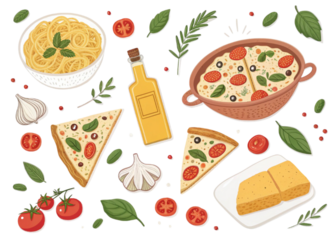 Pizza, Pasta, and Olive Oil Illustration | Italian Cuisine Flat Lay