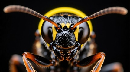  a close up of a yellow and black wasp on a black background The wasp has a yellow body with black stripes and a black head Its wings are spread out and its antenn