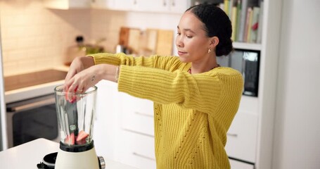 Blender, food and ingredients with woman in kitchen for detox, health or weight loss diet. Fruit, organic and smoothie with person in apartment for drink preparation, green nutrition or wellness - Powered by Adobe